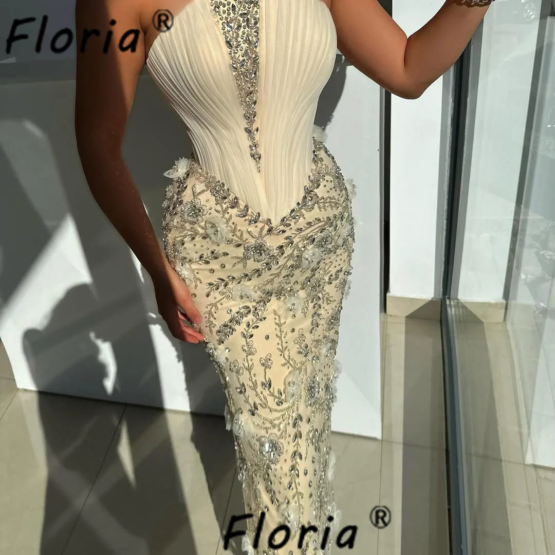 Luxury Beaded Crystal Cocktail Dresses Beige Pleat Top Customized Special Party Dress Floral Appliques Prom vestidos de coquetel
