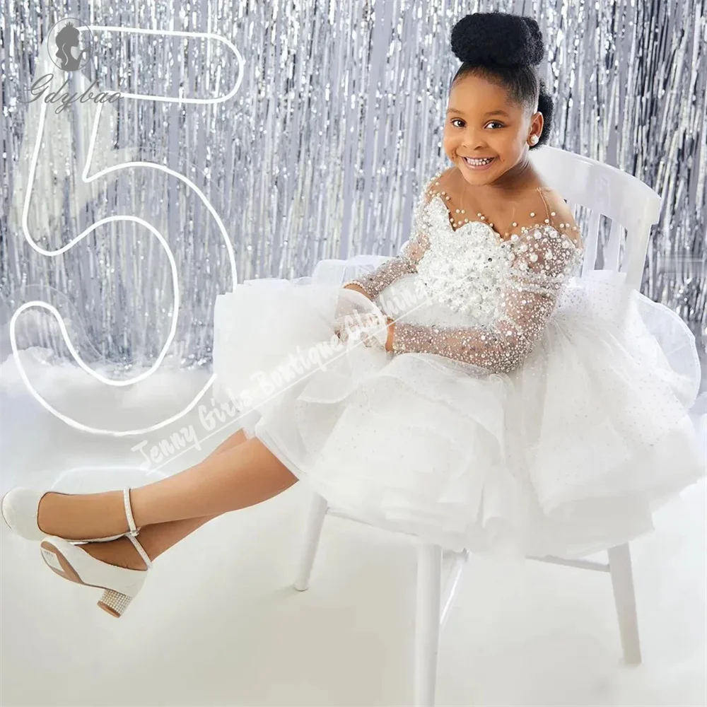 White Little Girls Pearl Flower Girl Dresses for Wedding Sheer Neck Sequined Lace First Communion Birthday Party Dresses