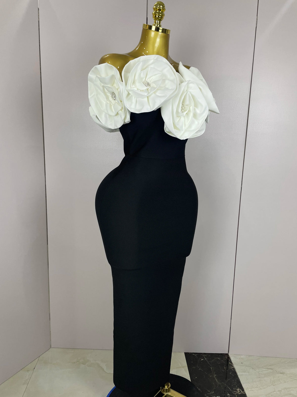 New Stereoscopic Red Flowers Sexy Off The Shoulder Ankle Lenght Bandage Dress Woman Birthday Party Vestido Wedding Party Outfit