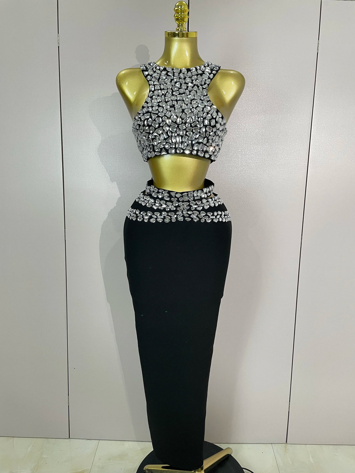 New Luxury Shining Sewed Diamond Black Long Bandage Two Piece Set Women Celebrate Evening Party Elegant Celebrity Birthday Dress