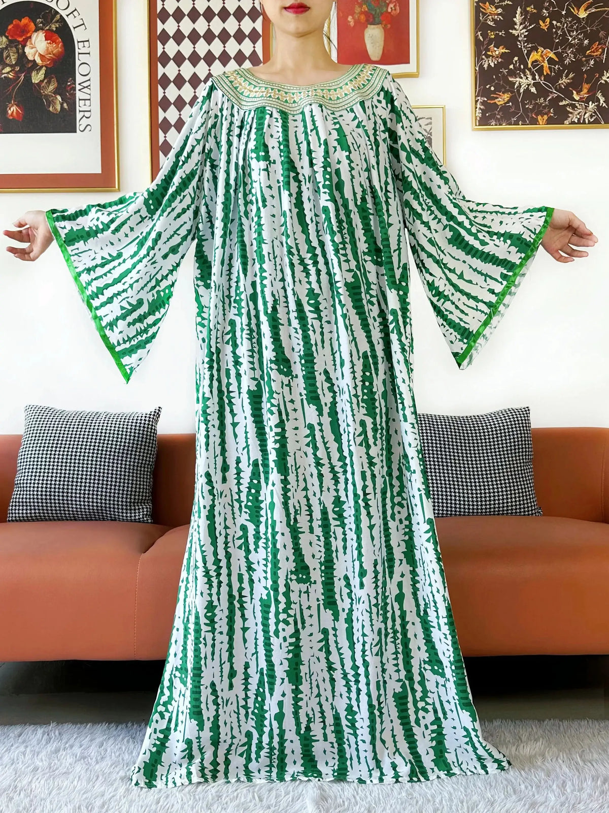 Summer Dress Embroidered Round Neck Cotton Women Long Loose Abaya Boho Maxi Dress Casual Fashion Dress African Vestidos