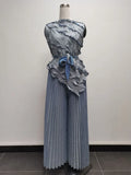 Pleated Sleeveless Lace-up Vest Top New Wide Leg Loose Pants 2 Piece Set Temperament Solid Color Elegant Commuter Clothing 2025