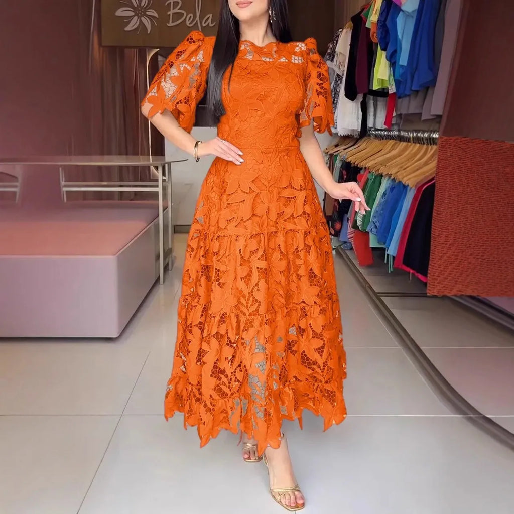 Elegant Lace Dress Irregualr Length Wedding Guest Bridal Shower for Bride Midi O Neck Hollow Out Women Classy Business Party New