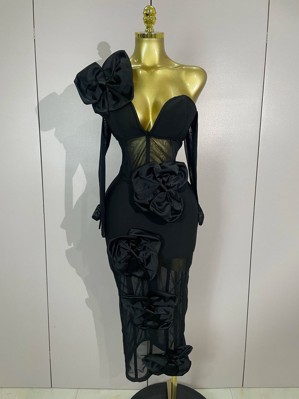 2025 Summer Women Elegant Party Birthday Dresses Sexy One Shoulder Bow Mesh See Through With Gloves Black Bandage Bodycon Dress