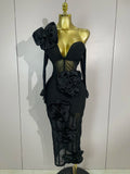 2025 Summer Women Elegant Party Birthday Dresses Sexy One Shoulder Bow Mesh See Through With Gloves Black Bandage Bodycon Dress