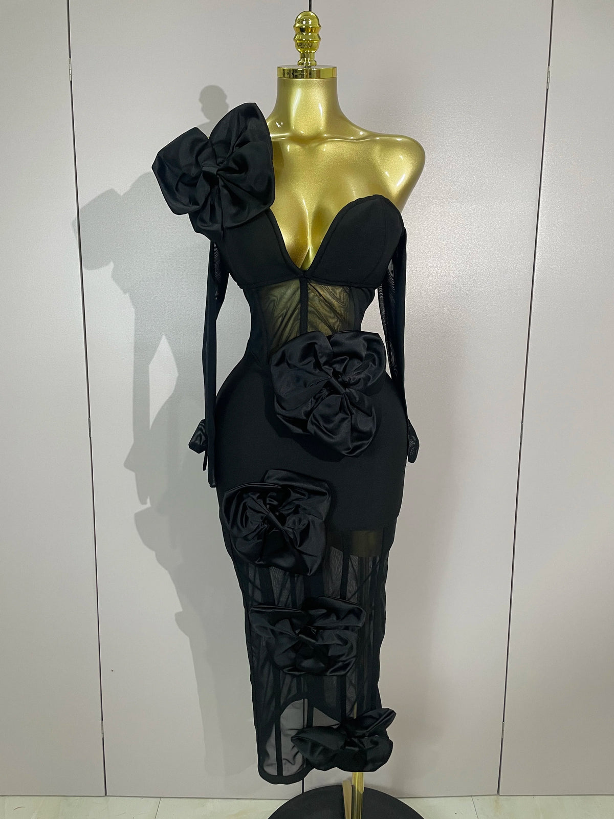 2025 Summer Women Elegant Party Birthday Dresses Sexy One Shoulder Bow Mesh See Through With Gloves Black Bandage Bodycon Dress