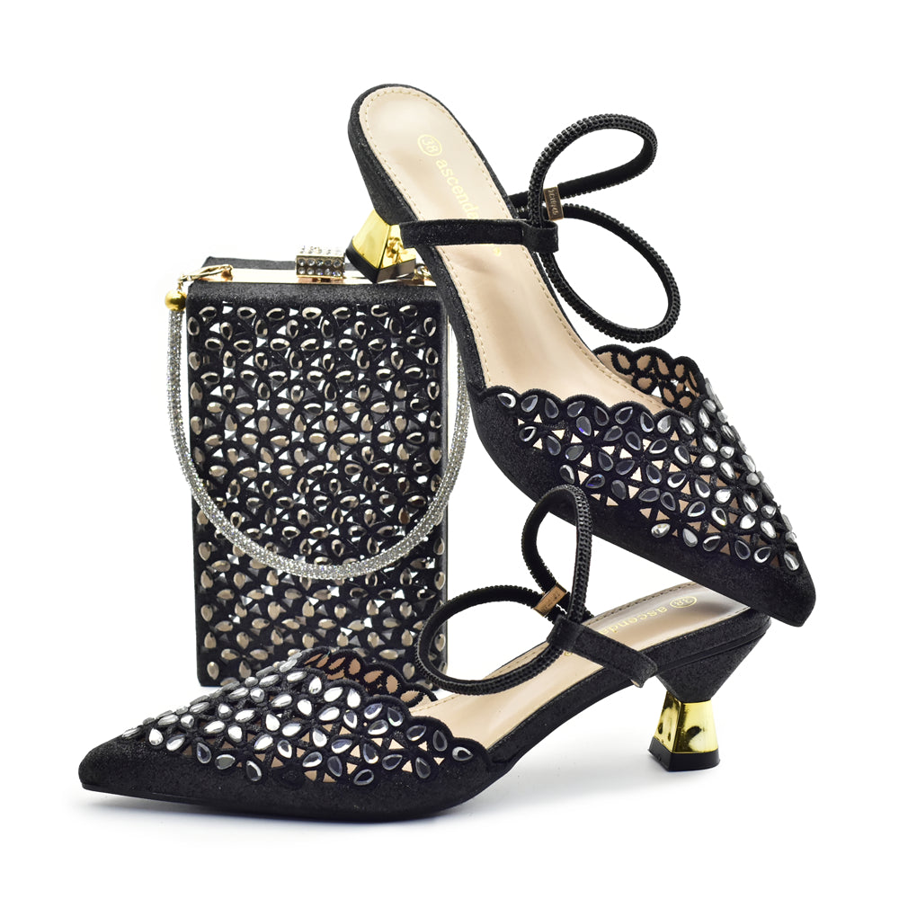 2024 Nigerian Style Rhinestone Low Heel Sandals for Women Fashion Party Women Wedding Shoes and Bags Set Wedding Shoes Bride