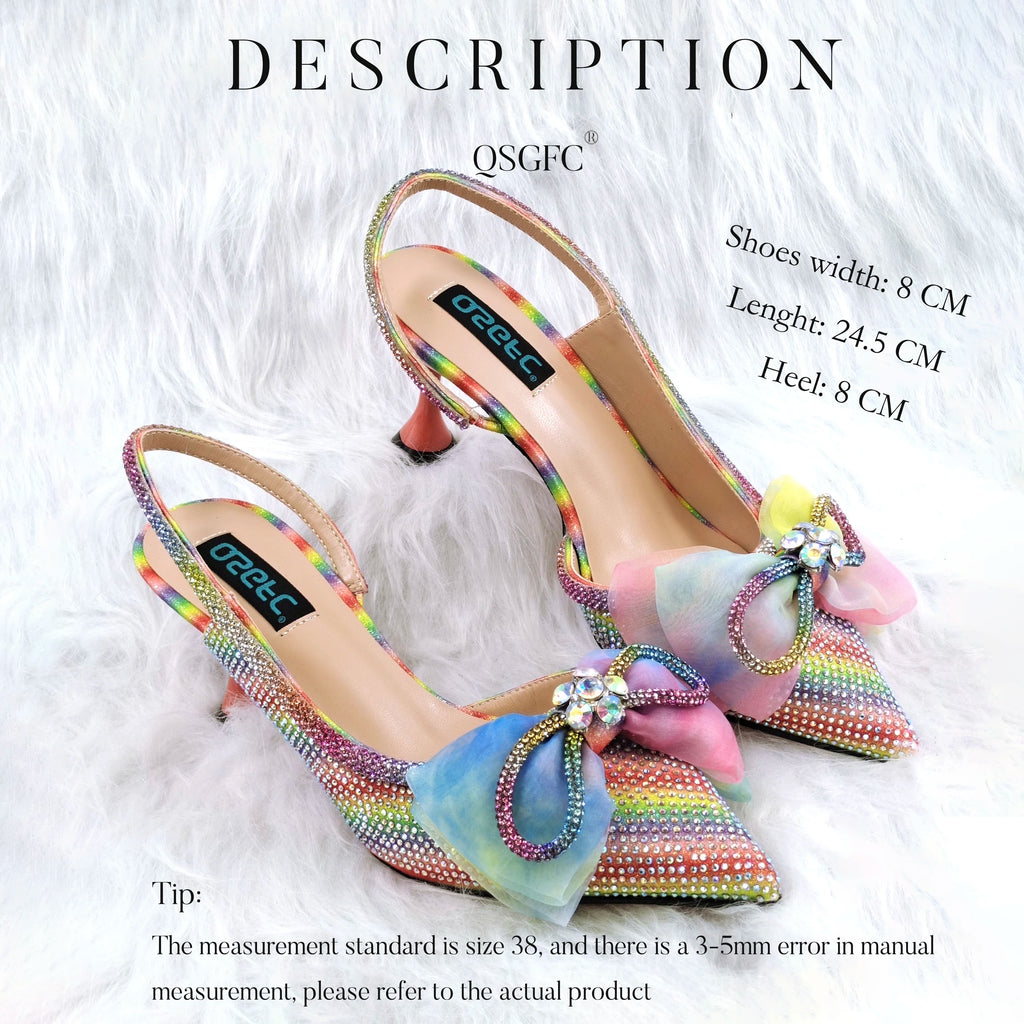 The latest INS Style Pointed Rhinestone Shallow Mouth Temperament High Heels Rainbow Color Women's Shoes And Bags