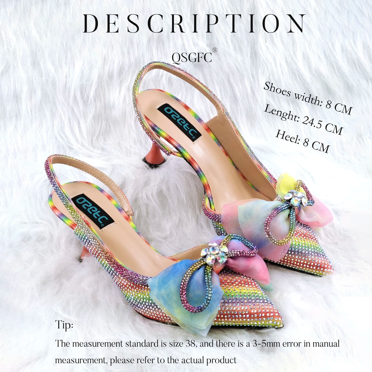 The latest INS Style Pointed Rhinestone Shallow Mouth Temperament High Heels Rainbow Color Women's Shoes And Bags