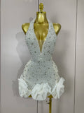 High Quality Luxury Shiny Diamonds Pearl Flowers Deep V Halter Short Dress Women Celebrate Eveing Celebrity Birthday Party Dress