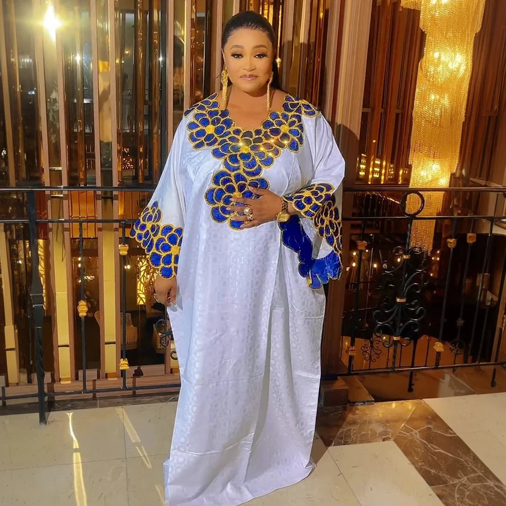 African Dresses for Women Dashiki Traditional Embroidery Bazin Gown Ankara White Robes Nigeria Wedding Evening Party Dress