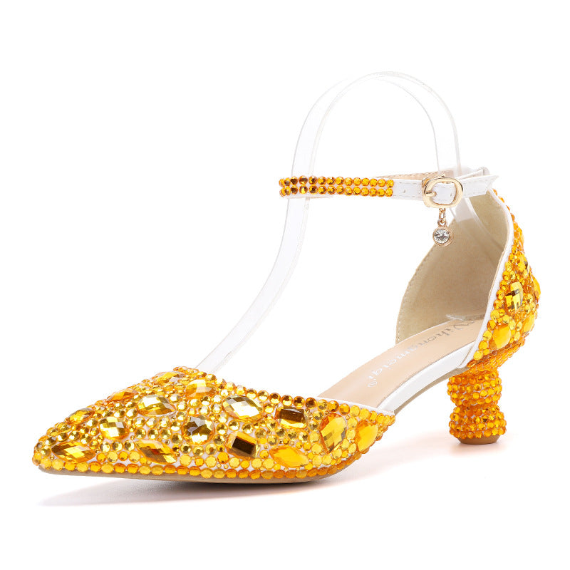 New 5cm Rhinestone shoes buckle round heel blue pointed Crystal Wedding sandals social dance Prom shoes Latin  shoes size 35-43