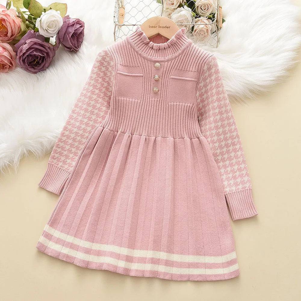 Bear Leader Autumn Winter Girls Sweater Long Sleeve Dress Vest Stripe Party Girl Baby Retro Knitted Wool Dress Casual Vestidos
