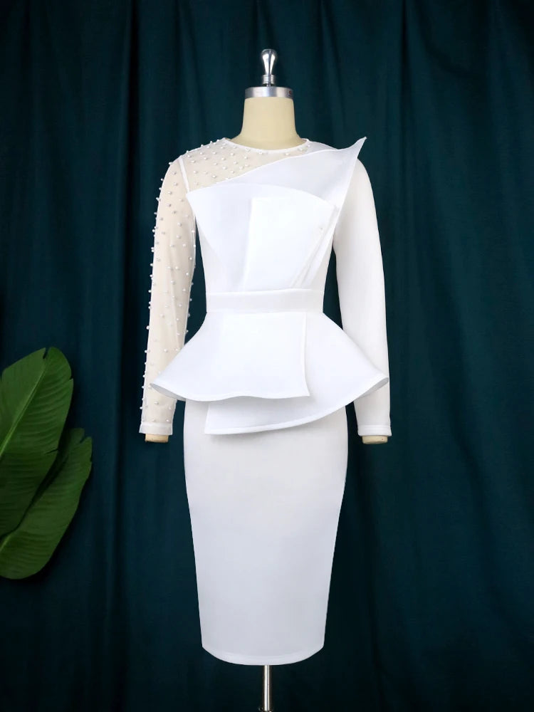 AOMEI Women White Party Dress Sexy Long Sleeve O Neck Beading Mesh Patchwork Peplum Elegant Event Evening Birthday African Gowns