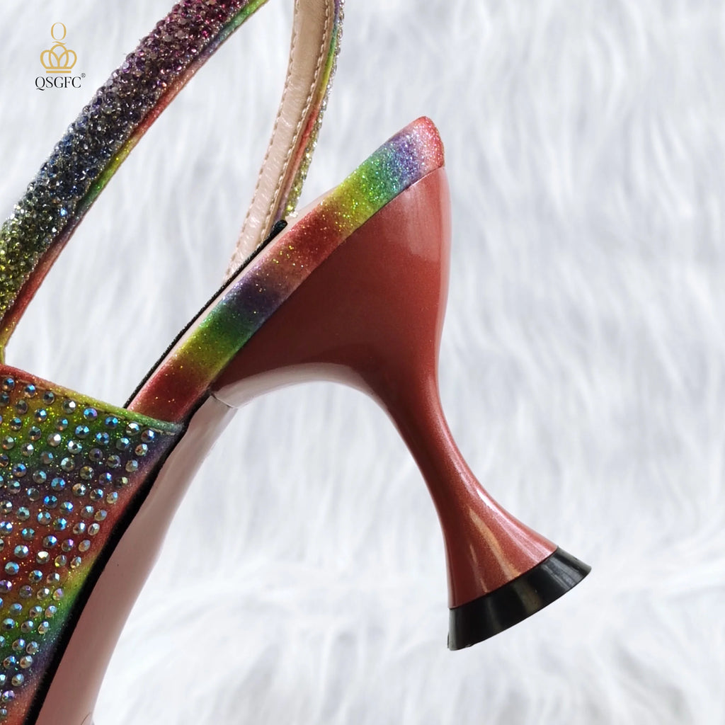 The latest INS Style Pointed Rhinestone Shallow Mouth Temperament High Heels Rainbow Color Women's Shoes And Bags