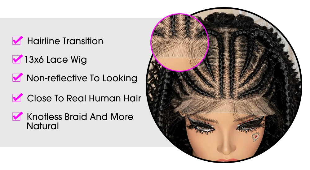 13x6 Lace Frontal Synthetic Braids Wig 22 Inches Cornrow Braided Wig with Curly Handmade Knotless Braiding Wig for Black Women