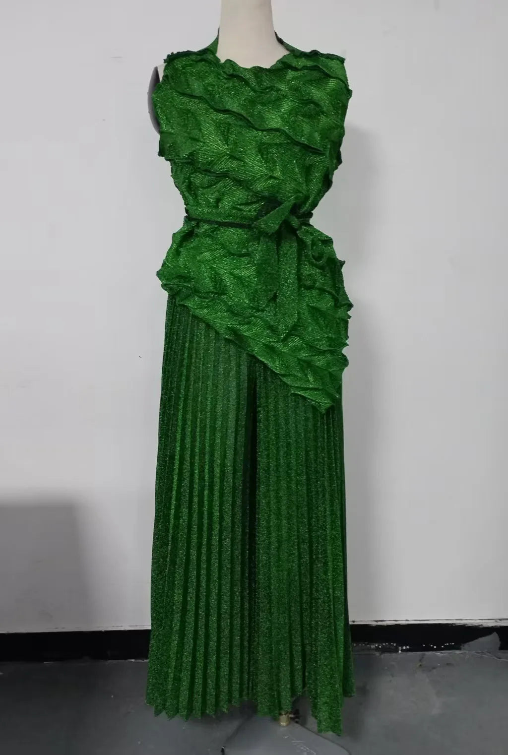 Pleated Sleeveless Lace-up Vest Top New Wide Leg Loose Pants 2 Piece Set Temperament Solid Color Elegant Commuter Clothing 2025