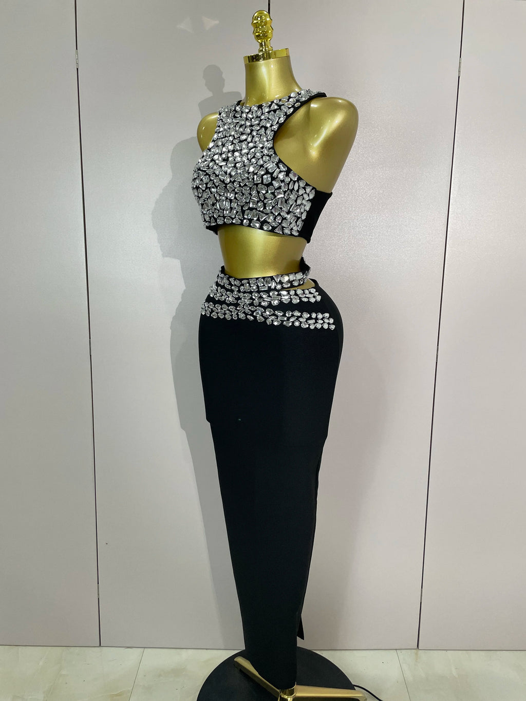 New Luxury Shining Sewed Diamond Black Long Bandage Two Piece Set Women Celebrate Evening Party Elegant Celebrity Birthday Dress