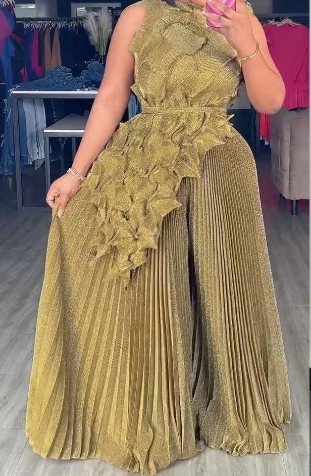 Pleated Sleeveless Lace-up Vest Top New Wide Leg Loose Pants 2 Piece Set Temperament Solid Color Elegant Commuter Clothing 2025