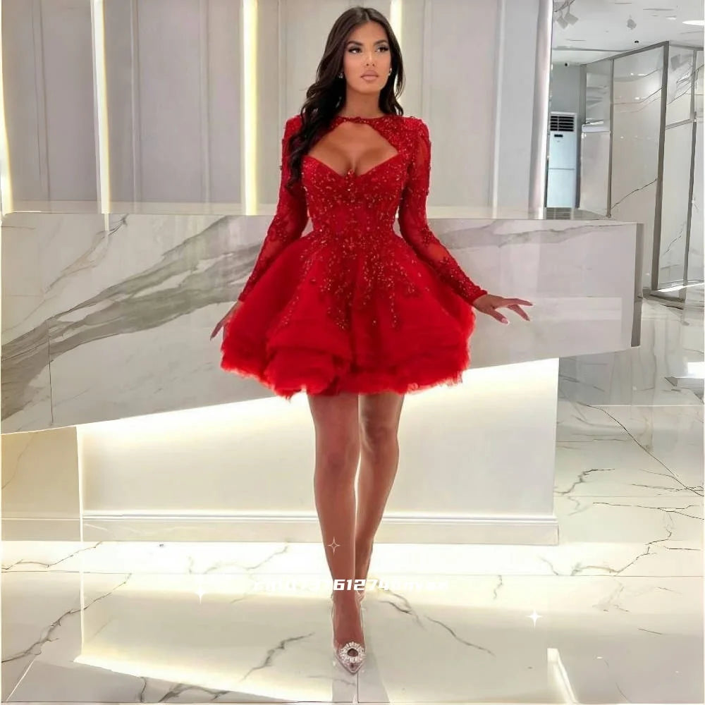 Puffy Short Red Prom Dress Ruffle Tutu Tulle Long Sleeves Homecoming Dresses Lace Appliques beaded Sweetheart Neck Customized