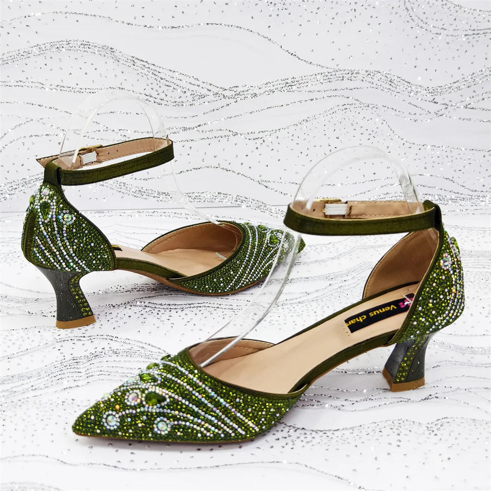 Elegant Italian Rhinestone Pointed-Toe High Heel Shoes with Matching Handbag Set - Stylish & Comfortable Women's Footwear