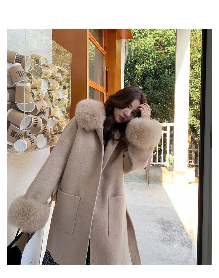 Faced Wool Ladies Winter Jacket Hooded coats Women Luxurious Real Fox Fur Coat Lose Clothing Cashmere Double