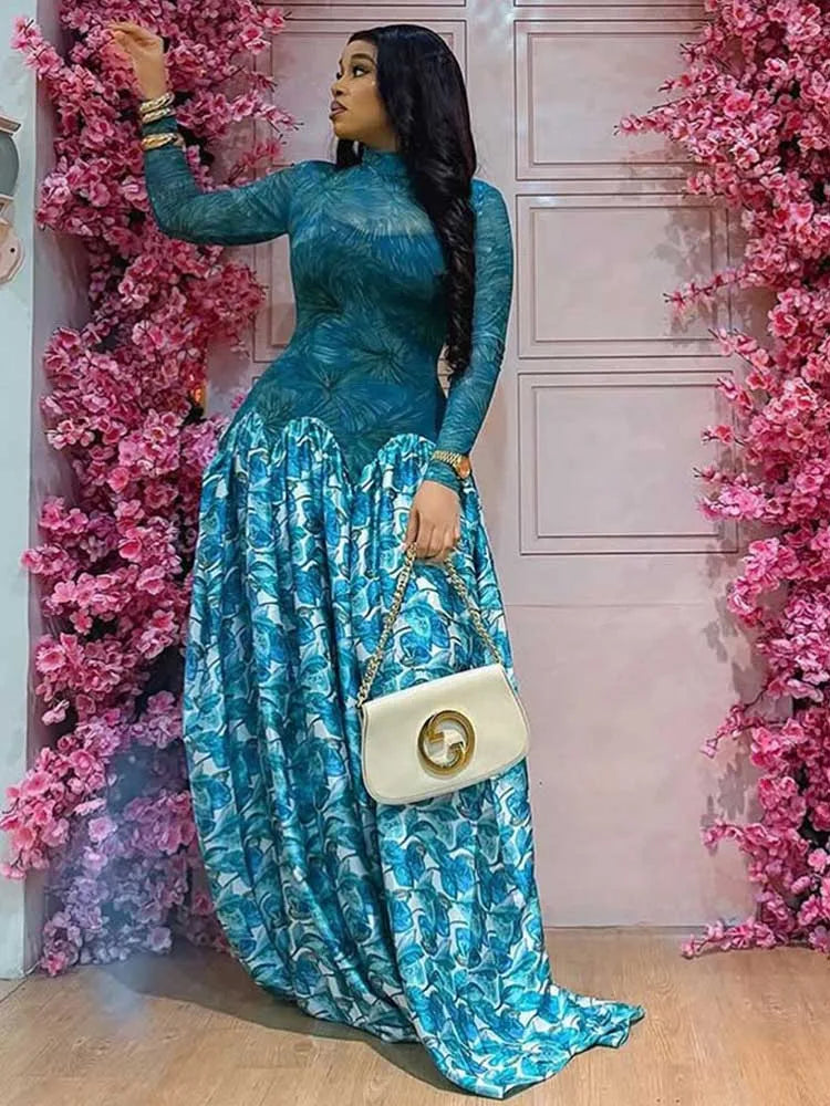 A Line Maxi Dress for Women Autumn Light Blue Long Sleeve Dress Slim Waist Mid-turtleneck Chic Elegant Evening Dresses Ladies