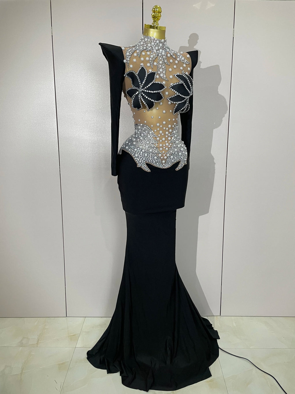 Sparkly Diamonds Pearl Black Sexy See Through Mesh Long Dress Women Wedding Evening Luxury Birthday Party Stage Photoshoot Dress