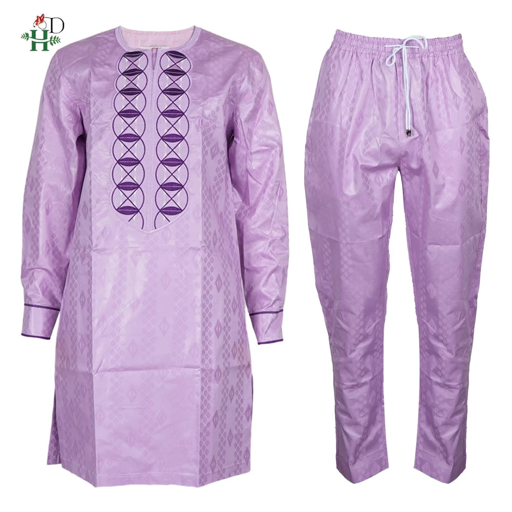 H&D African Clothing For Man Traditional Agbada Sets 2PCS Purple Bazin Riche Shirt Pant Embroidery Wedding Party Suits Plus Size