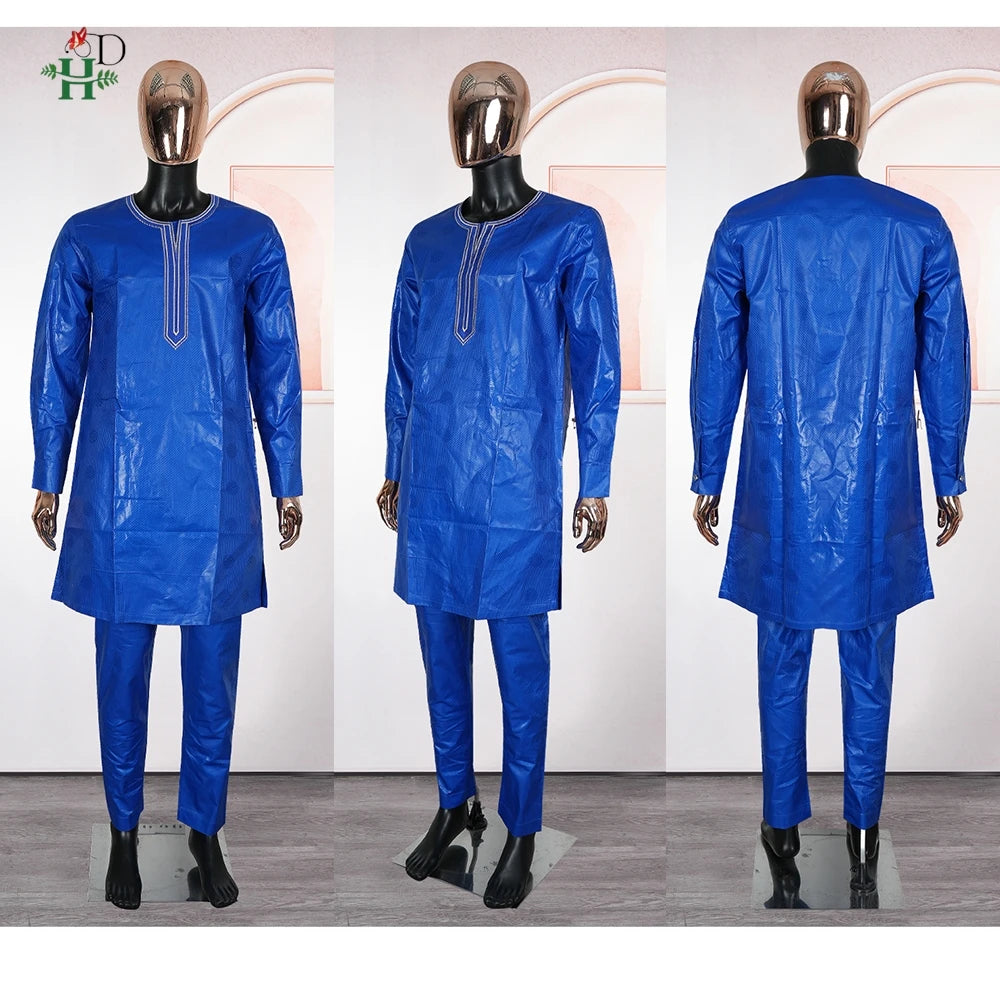 H&D African Clothing For Man Traditional Agbada Sets 3PCS Blue Bazin Riche Shirt Pant Embroidery Wedding Party Suits Plus Size