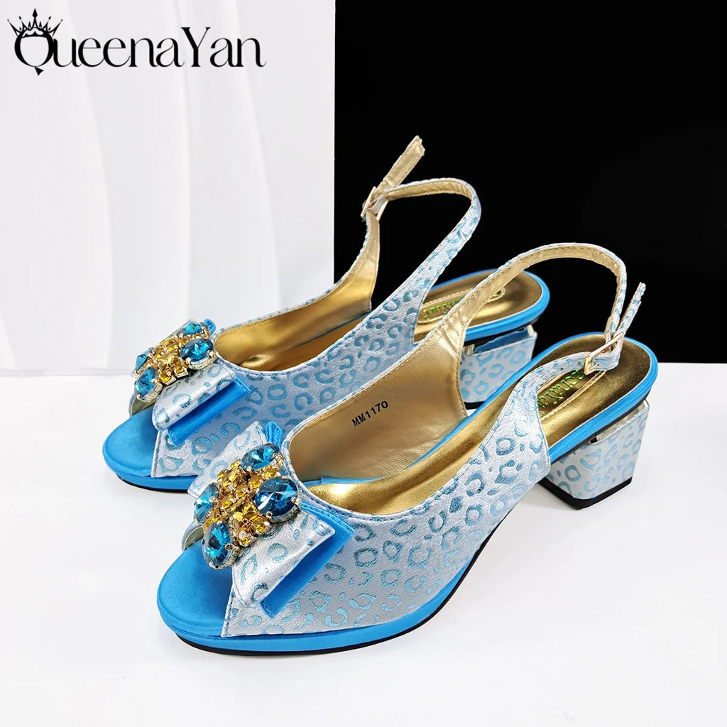 Queena Yan Light Blue Elegant Italian Rhinestone Wedding Shoe and Bag Set -Women Heels and Matching Handbag for Party