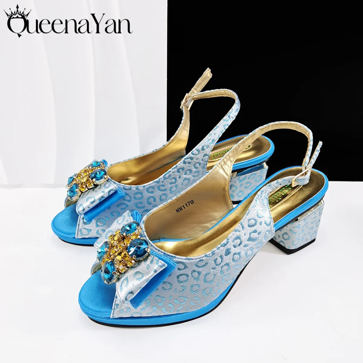 Queena Yan Light Blue Elegant Italian Rhinestone Wedding Shoe and Bag Set -Women Heels and Matching Handbag for Party