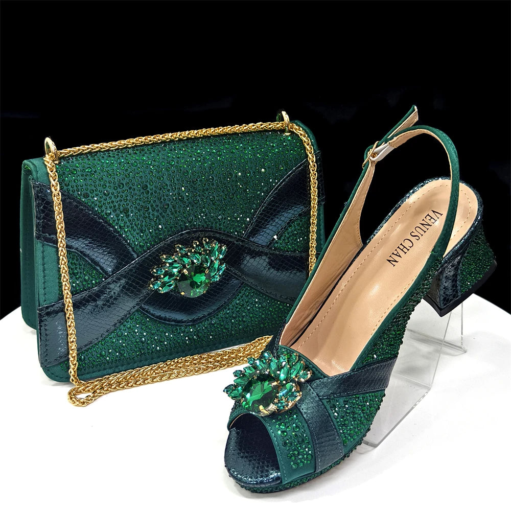 2025 Luxurious Italian Women's Party Shoe and Bag Set – Elegant Black Rhinestone Peep-Toe High Heels Sandals for Weddings