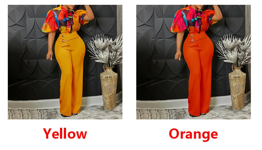 Women Two Pieces Set Printed Blouses Shirts Vintage Bow Collar with High Waist Pants Elegant Spring Fashion Office Ladies Suits