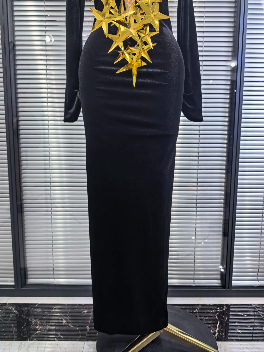 Black Color Women Long Sleeve Golden Stars Velvet Bodycon Long Dress Celebrate Fashion Evening Party Birthday Photo Shoot Wear