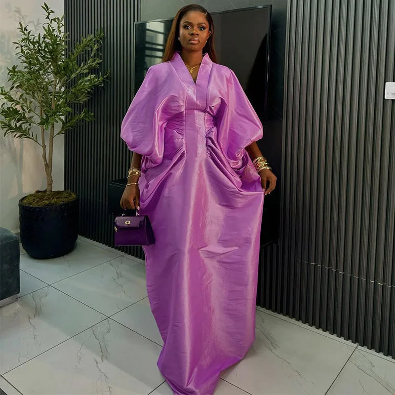Elegant Women Long Loose Dresses Pleated Evening V Neck Lantern Sleeve African Female Classy Fashion Glitter Party Bubu Dress