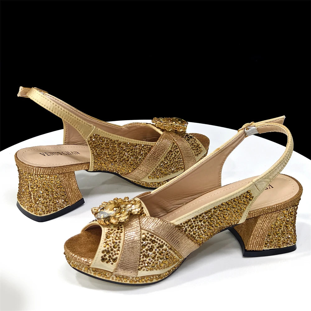 2025 Luxury Italian Women's Party Shoes & Handbag Set – Elegant Multicolor Rhinestone Peep-Toe High Heels Sandals for Weddings