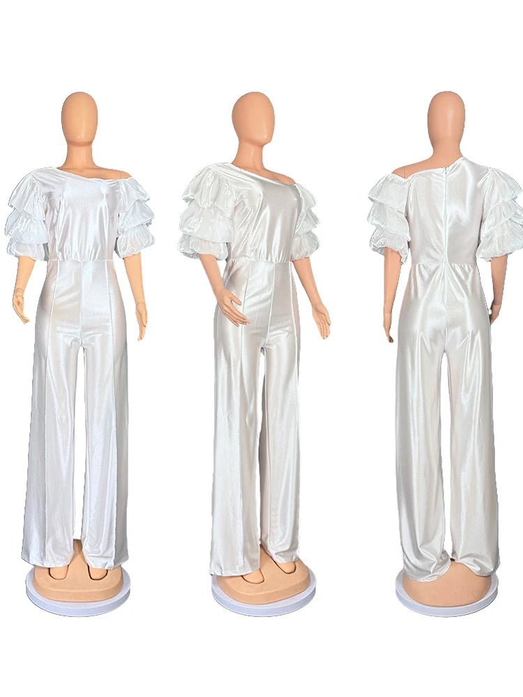 Satin Jumpsuit Woman High Quality Slash Neck Puff Sleeves Party Jumpsuits Woman Elegant Luxury Curvy Evening Jumpsuit Dress