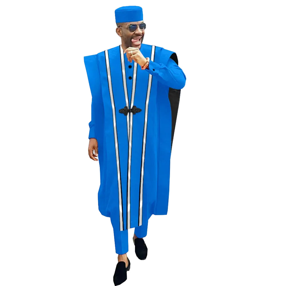 African Men Clothing Agbada Robe Dashiki Shirts Ankara Pants Tribal Hat Wedding Evening Outfits 4 Pieces AFRIPRIDE A1816011