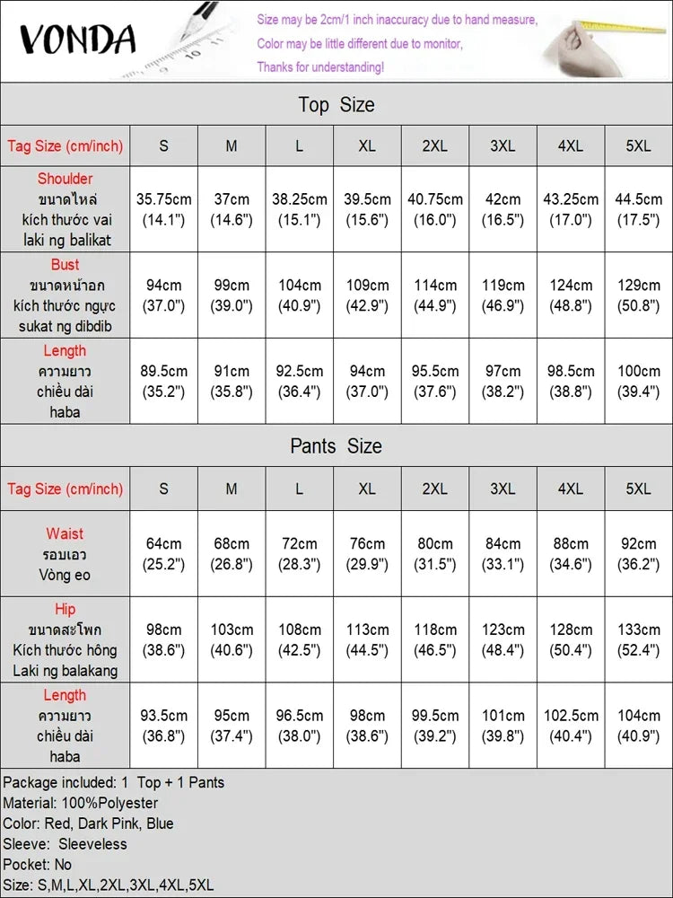VONDA Plus Size Women Sexy Sleeveless Wide Leg Pants Sets 2024 Summer Vintage Tops Sets Bohemian Printed Suits Elegant Outfits
