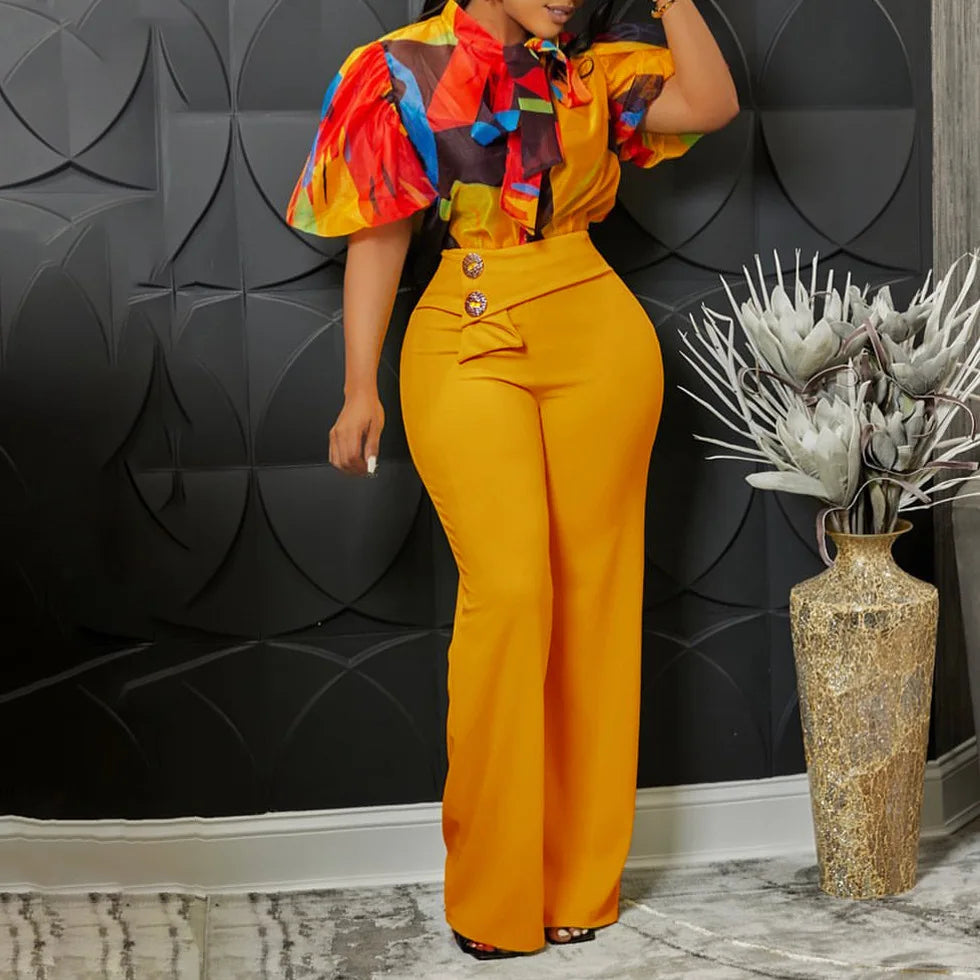 Women Two Pieces Set Printed Blouses Shirts Vintage Bow Collar with High Waist Pants Elegant Spring Fashion Office Ladies Suits