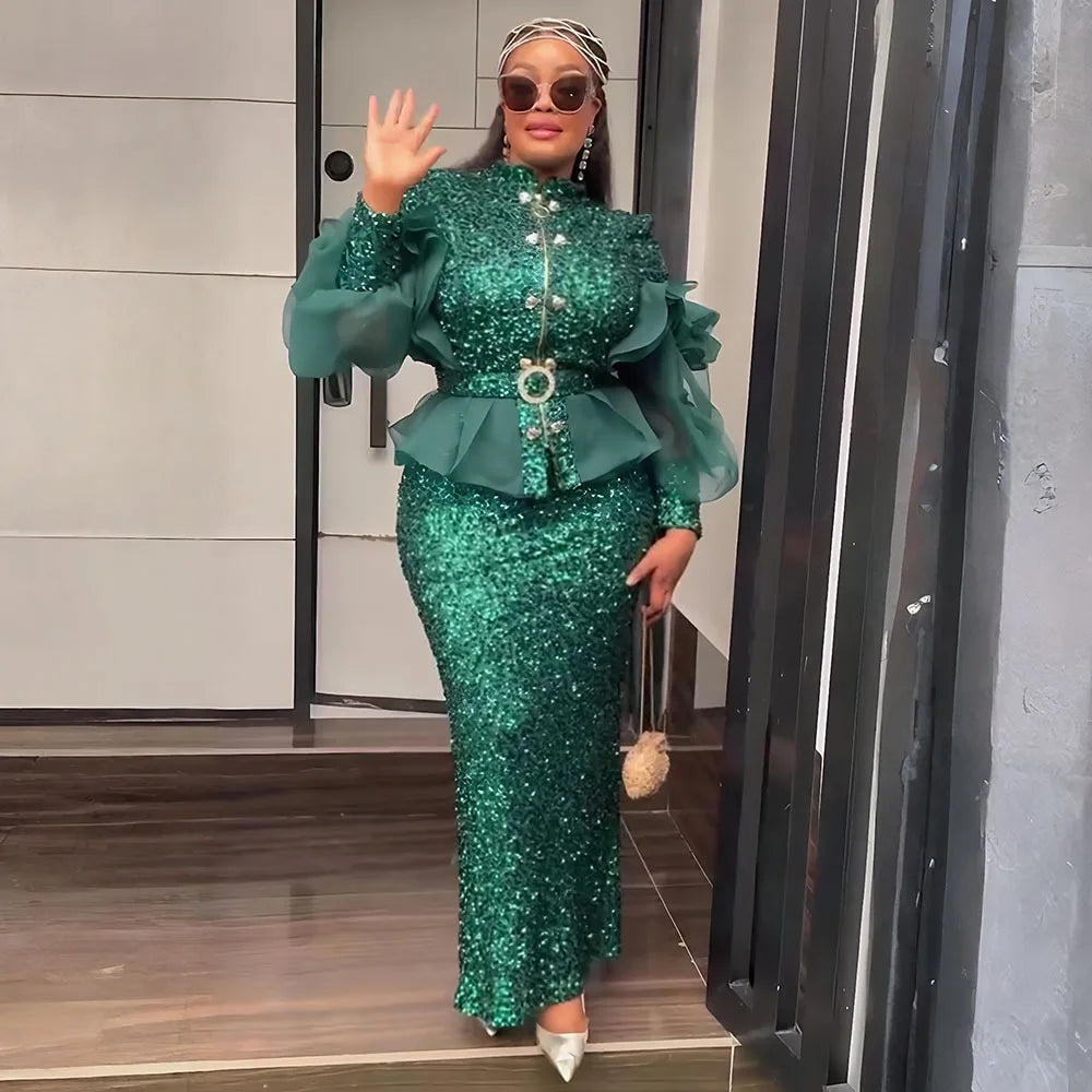 African Clothes for Women 2 PCS Sets Tops And Skirts Suits Dashiki Ankara Christmas Outfits Gown Plus Size Wedding Party Dresses