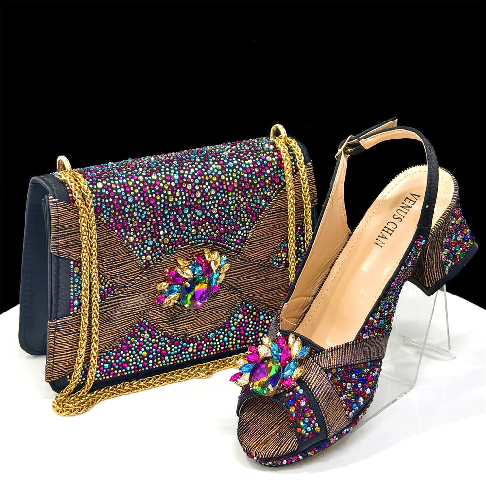 2025 Luxury Italian Women's Party Shoes & Handbag Set – Elegant Multicolor Rhinestone Peep-Toe High Heels Sandals for Weddings