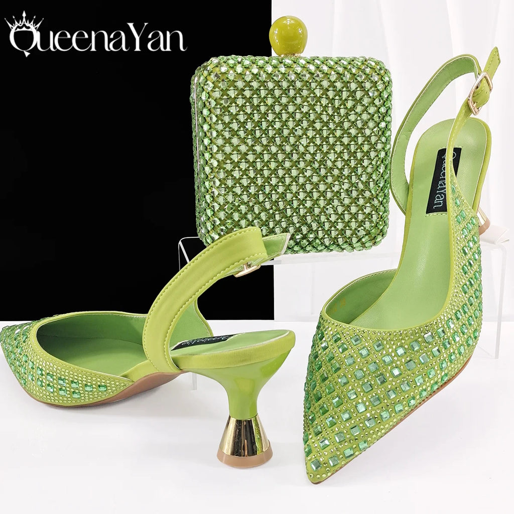 Queena Yan 2025 Italian Design Rhinestone Luxury Navy Blue Pointed Toe Shoe & Bag Set Women High Heels for Parties High Quality