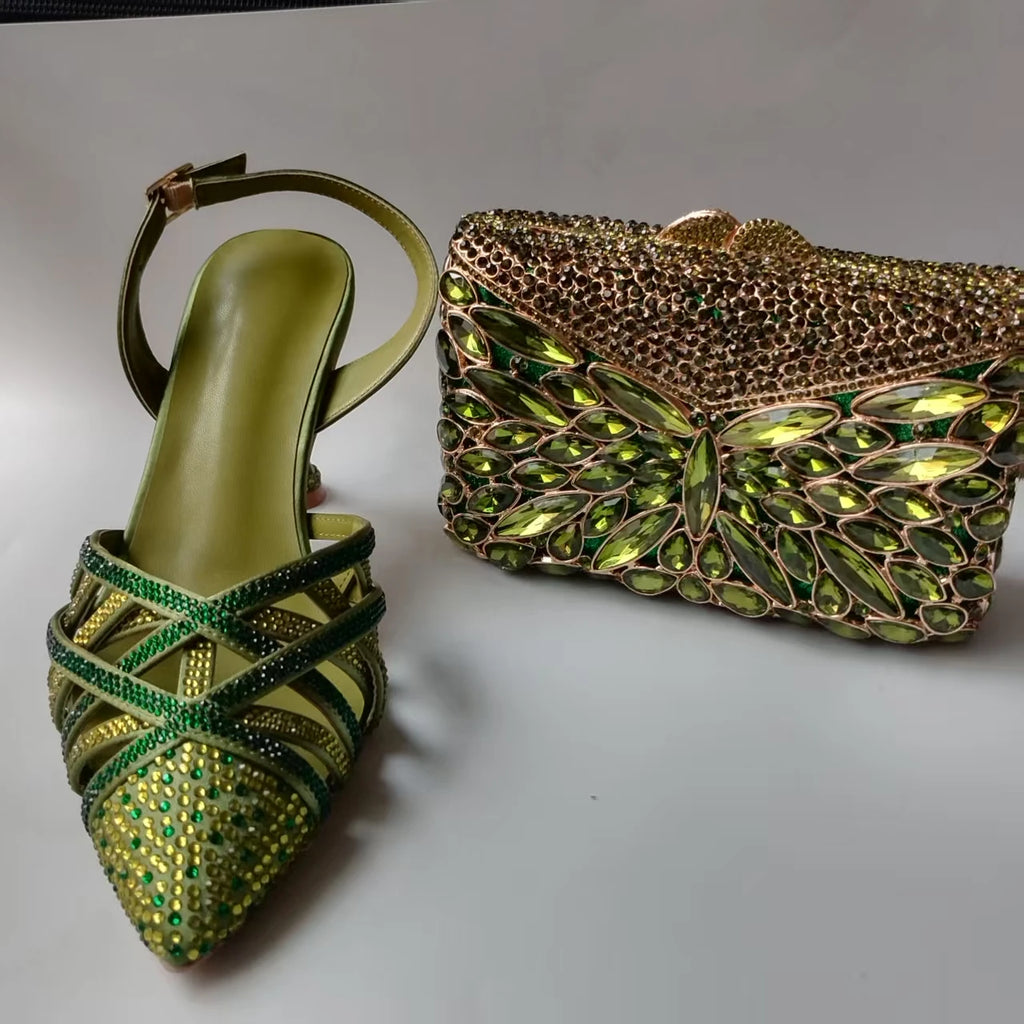 Luxury Olive Green Rhinestones Women's Shoe and Bag Set for Party Wedding Crystals Heeled Pumps and Handbag Sandals