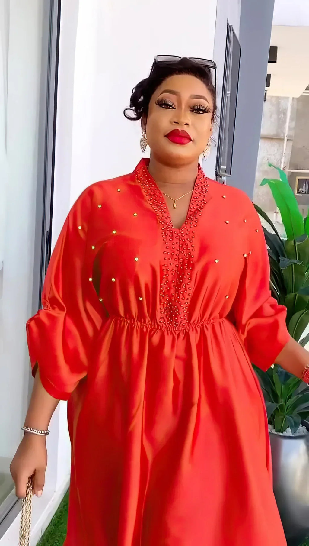 Women Elegant Shiny Satin Loose Party Dress V Neck Beading High Waist Long Gowns Formal Celebrate Evening Event Birthday Robes