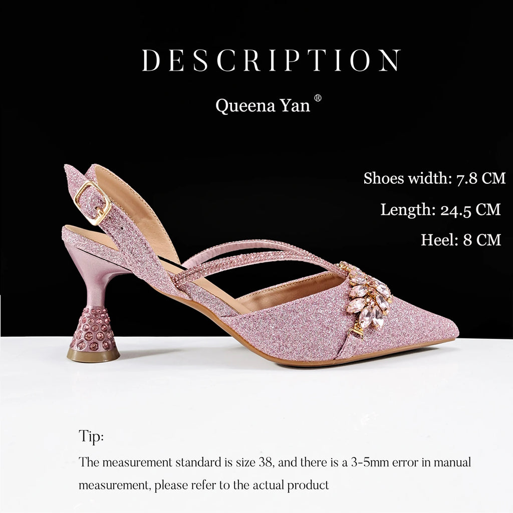 QueenaYan 2026 New Shiny Italian Fashion Pointed Toe Women Heel Fashion Rhinestone Decoration Pink Color Shoes And Bag Set