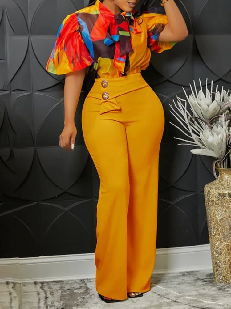 Women Two Pieces Set Printed Blouses Shirts Vintage Bow Collar with High Waist Pants Elegant Spring Fashion Office Ladies Suits