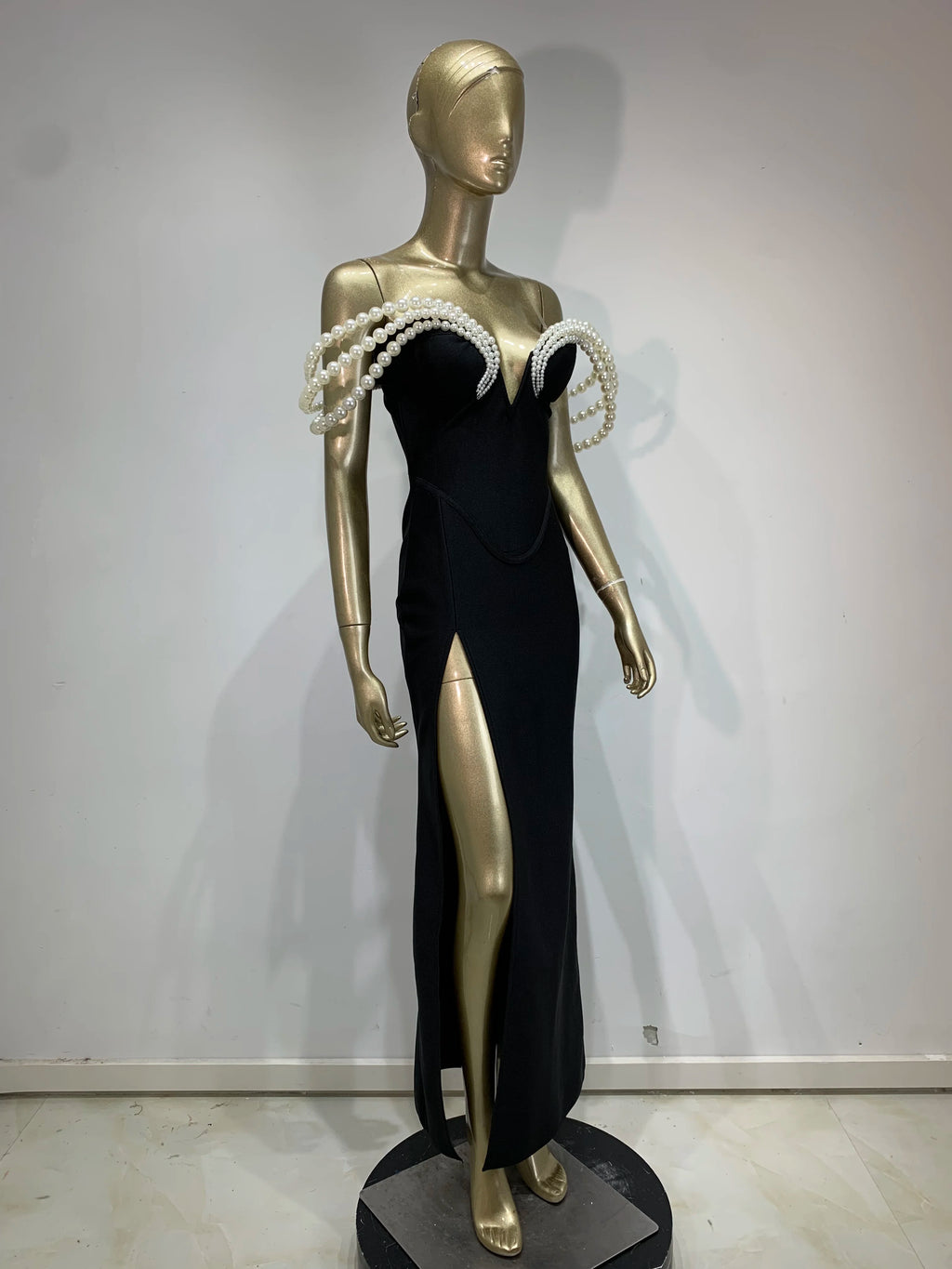 Women Celebrity Sexy Off Shoulder Pearl Black Maxi Long Bandage Bodycon Dress 2025 Elegant Evening Club Party Outfit