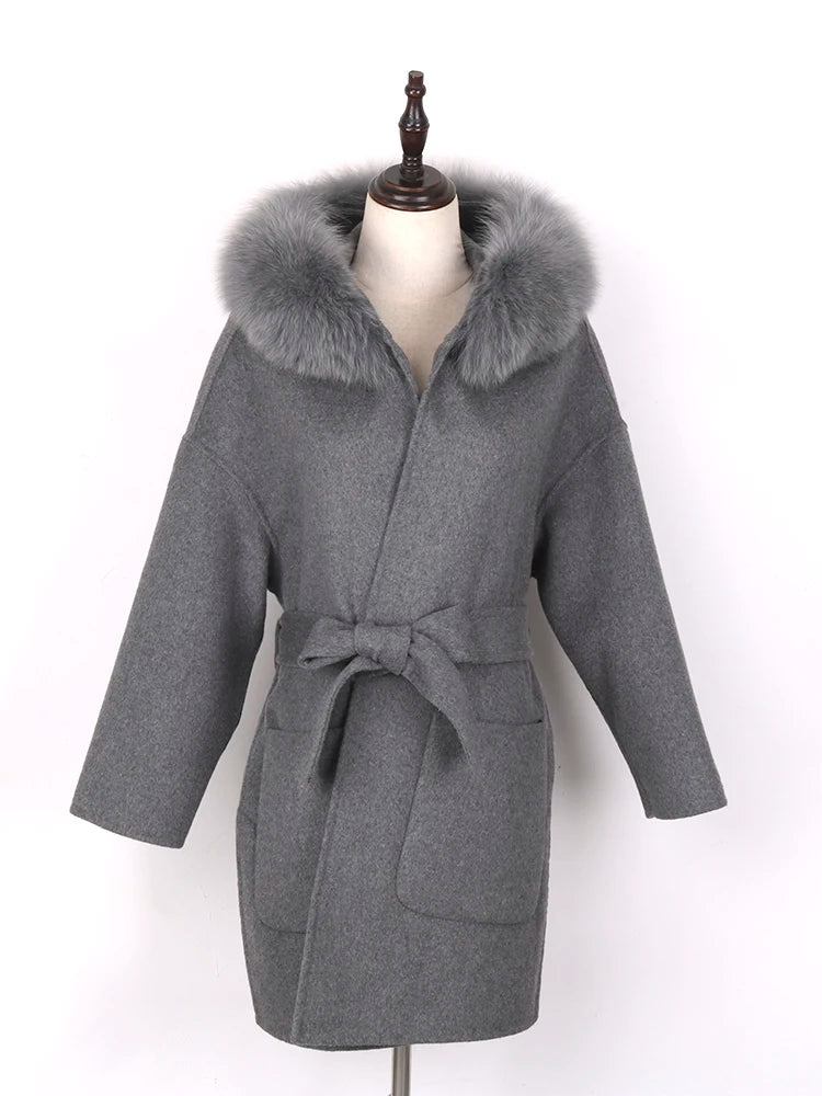 Faced Wool Ladies Winter Jacket Hooded coats Women Luxurious Real Fox Fur Coat Lose Clothing Cashmere Double